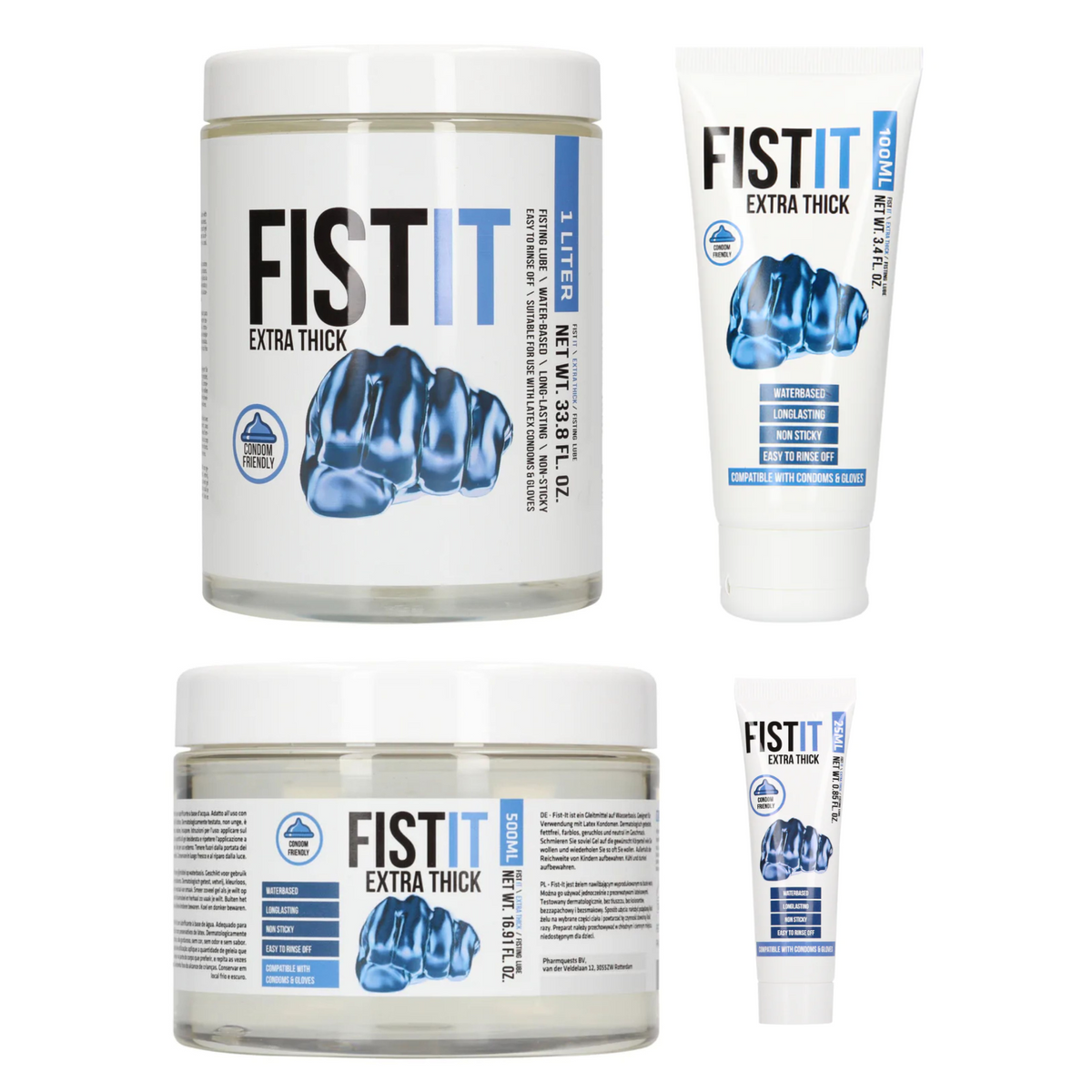 A compilation image showing four different sizes of FISTIT Extra Thick water-based lubricant: the 1 Liter jar, the 100ml tube, the 500ml jar, and the 25ml tube. Main image