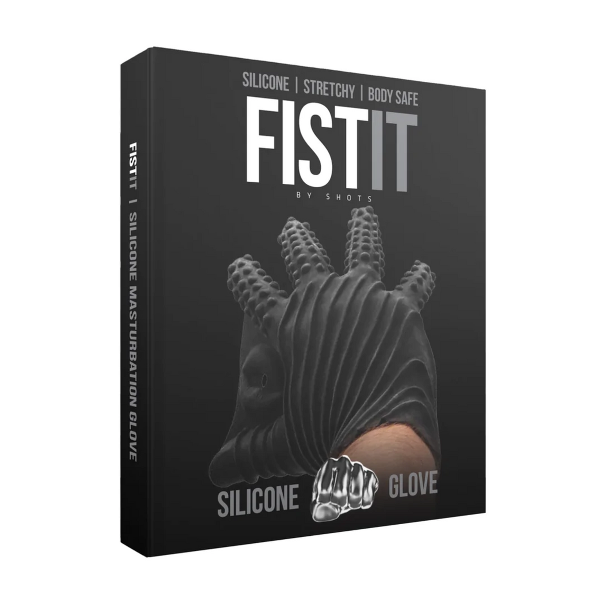 Black product packaging for the FISTIT Silicone Masturbation Glove, featuring a textured glove and product details.  Imagen principal del producto