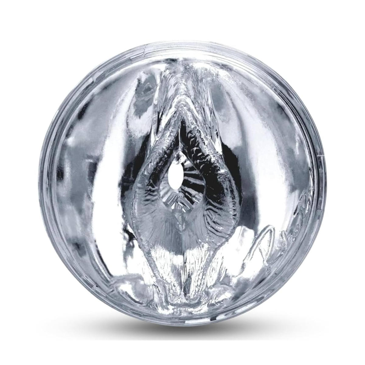 Close-up of the end of the Riley Reid Fleshlight Quickshot, showing the vaginal-style orifice and texture.