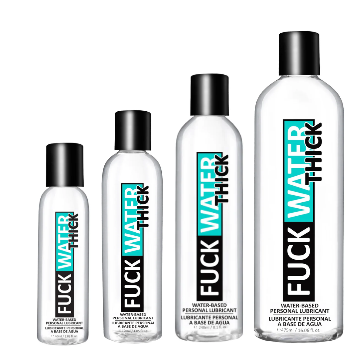 An image of four Fuck Water Thick Lubricant in 2oz, 4oz, 8oz and 16oz bottles. Main image