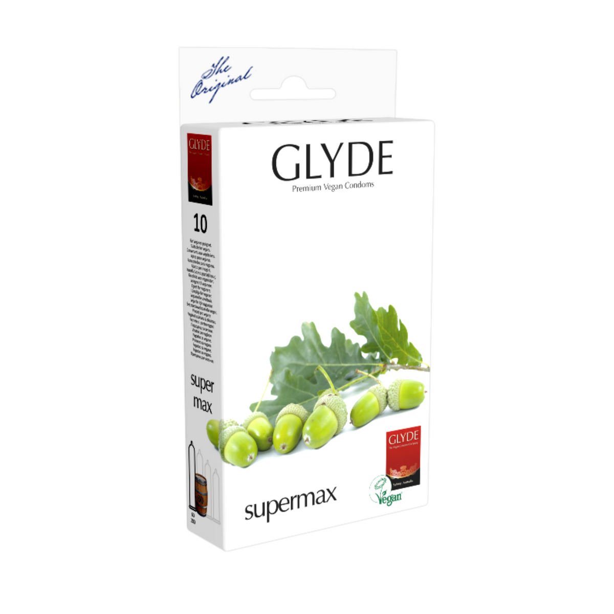 A box of Glyde SuperMax condoms. The box is white, with a sprig of green oak leaves and acorns across the bottom. The words "GLYDE Premium Vegan Condoms" are written in black capital letters near the top. The words "supermax" are written in smaller black letters below the acorns. The side of the box indicates it contains 10 condoms.  Main image