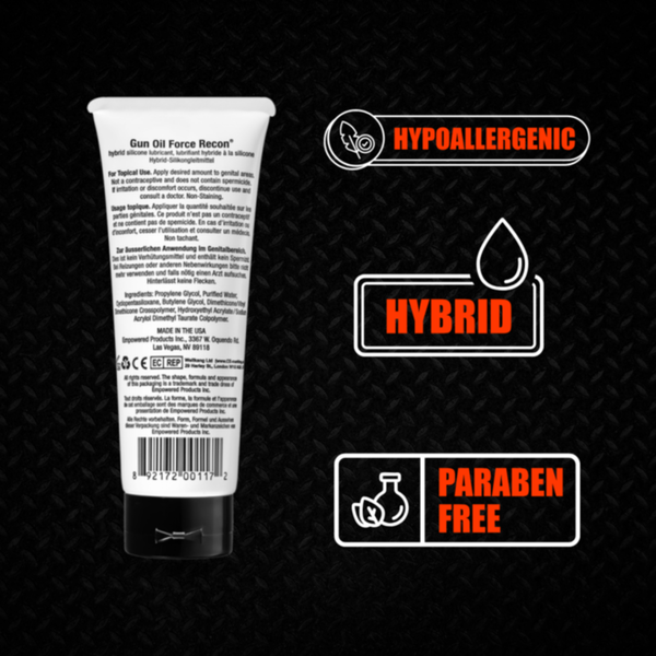 Back of the 'Gun Oil Force Recon' tube with text and icons highlighting it is Hypoallergenic, Hybrid, and Paraben-Free.