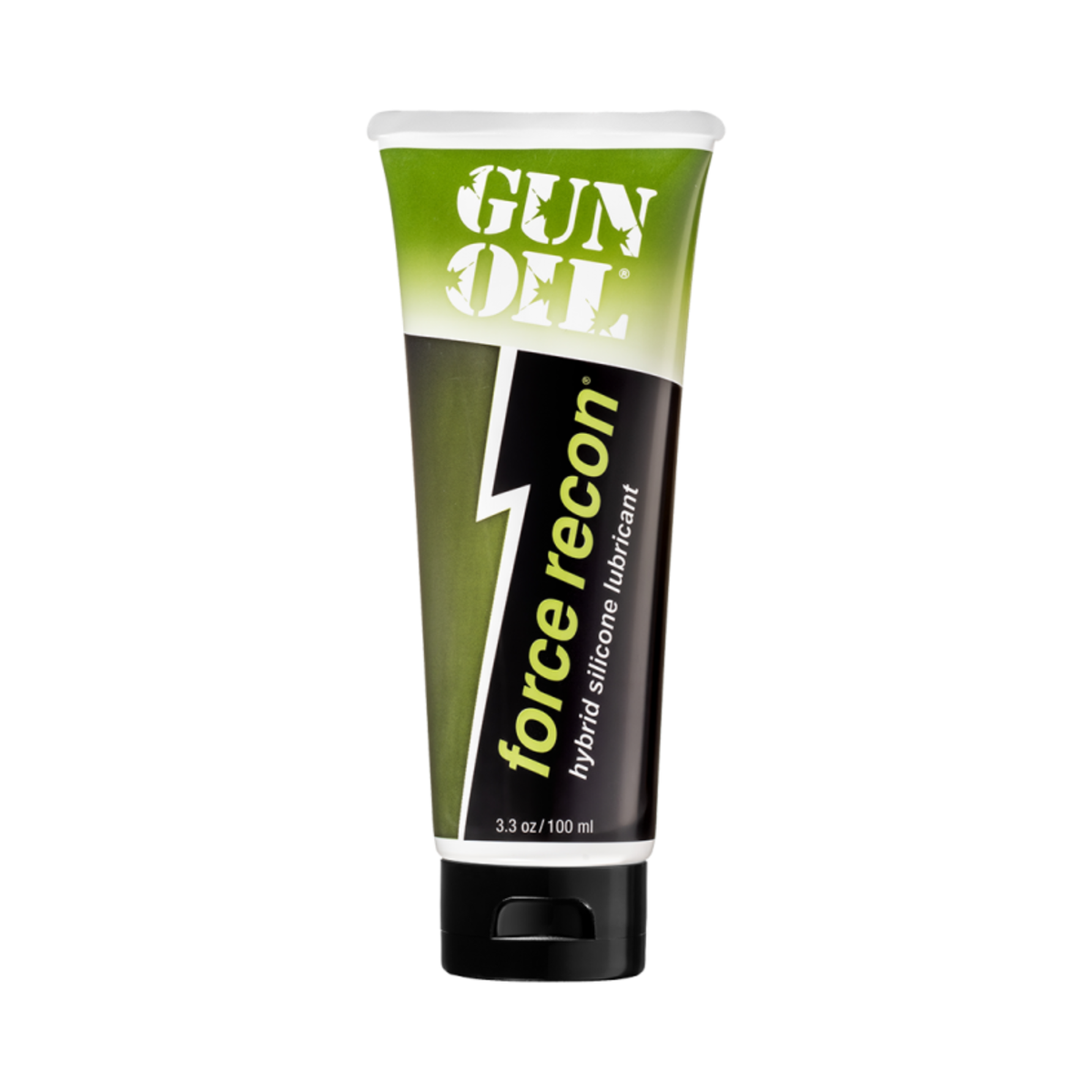 Front product image of a green and black tube of 'Gun Oil Force Recon' hybrid silicone lubricant.
