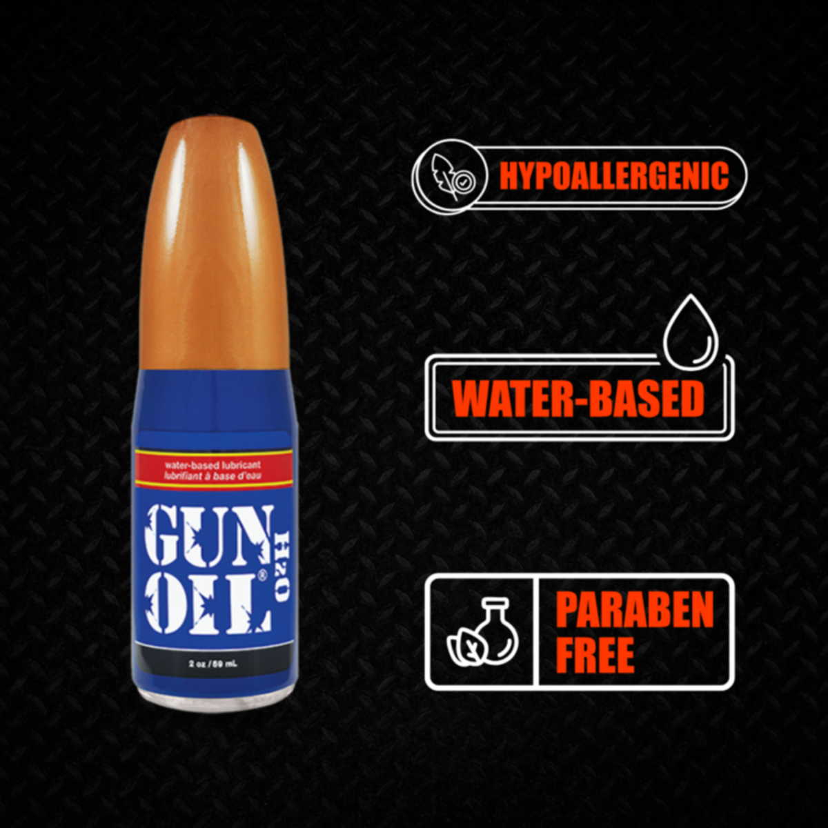 Image of Gun Oil H2O water-based lubricant with icons highlighting it is Hypoallergenic, Water-Based, and Paraben-Free.