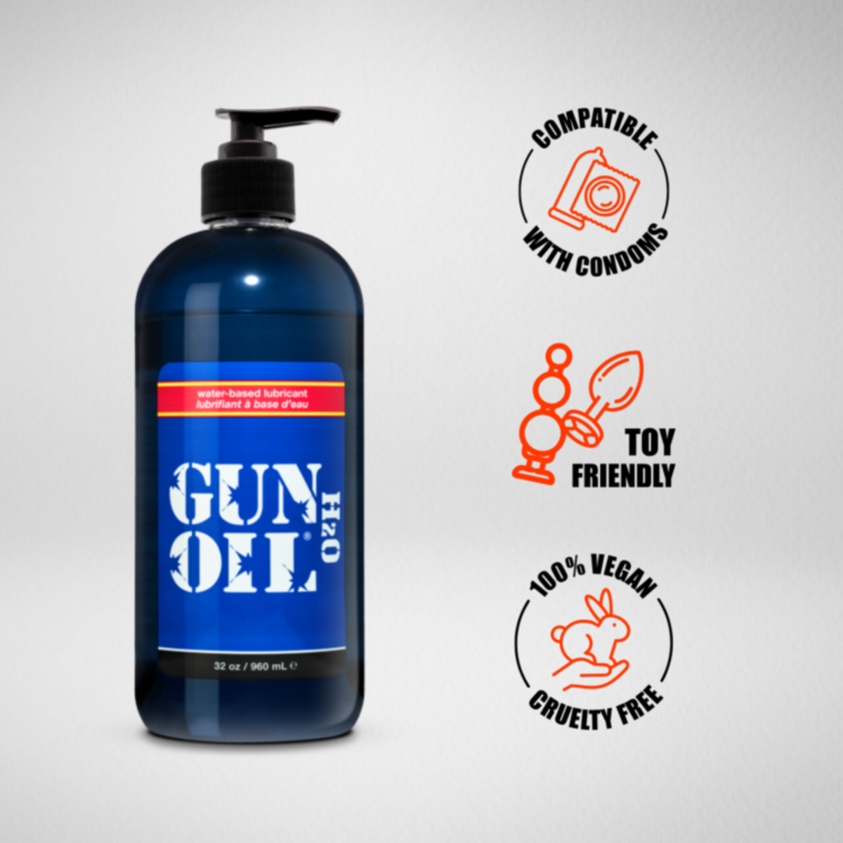 Image of Gun Oil H2O water-based lubricant with icons indicating it is compatible with condoms, toy friendly, 100% vegan, and cruelty-free.