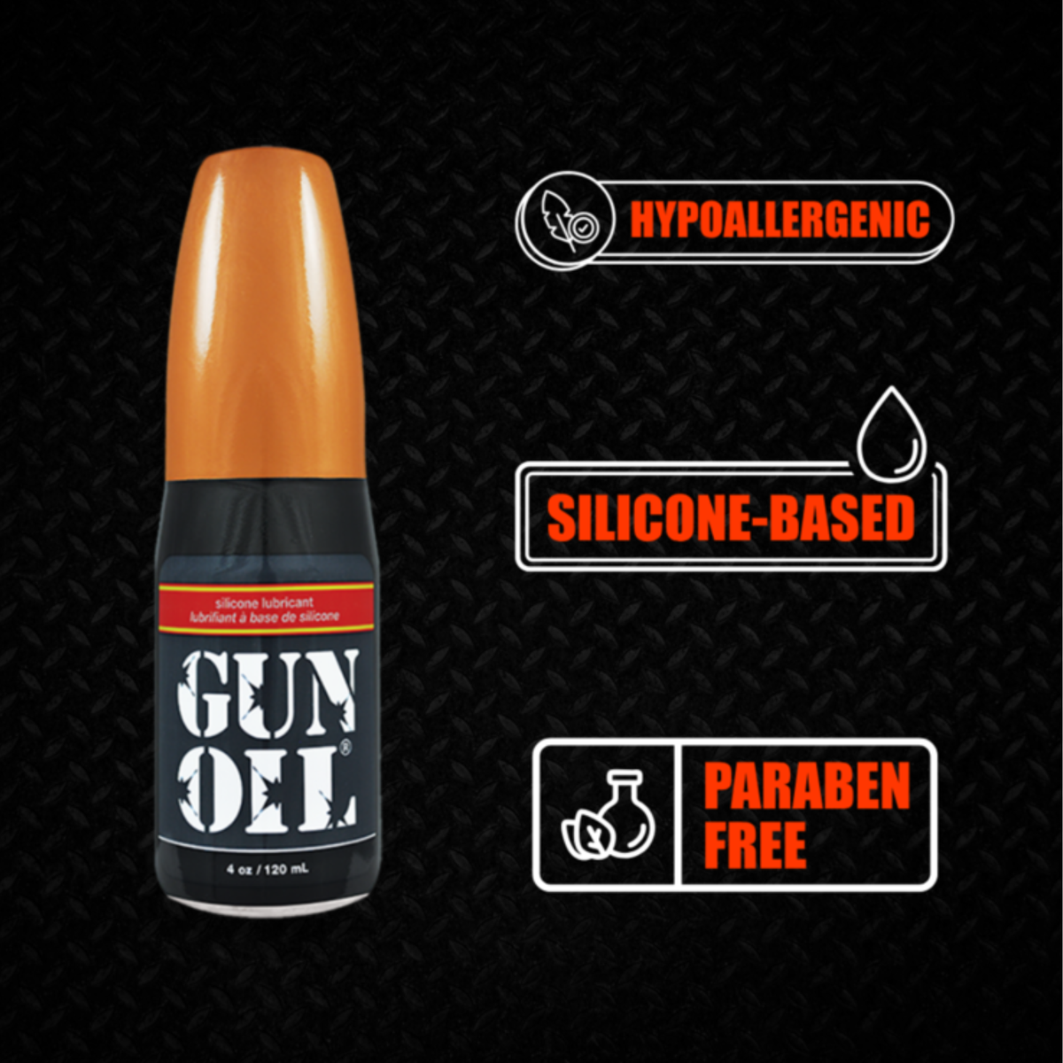 Image of Gun Oil Silicone lubricant with icons highlighting it is Hypoallergenic, Silicone-Based, and Paraben-Free.