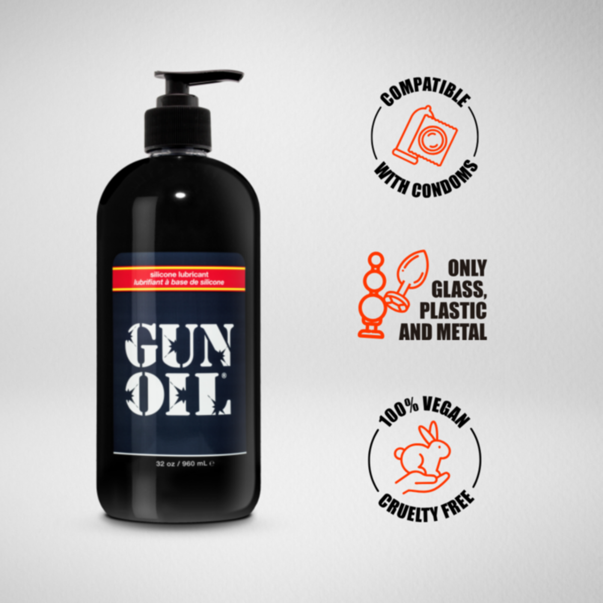 Image of Gun Oil Silicone lubricant with icons indicating it is compatible with condoms, only safe for glass/plastic/metal toys, 100% vegan, and cruelty-free.