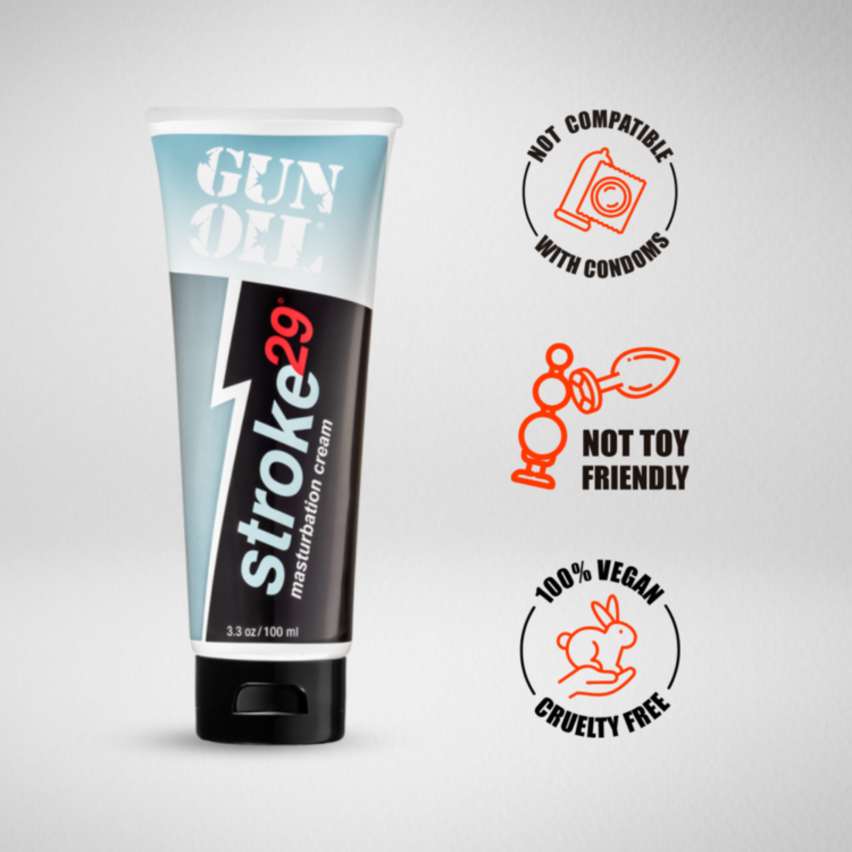 100 ml tube of GUN OIL Stroke 29 with icons for Not Compatible with Condoms, Not Toy Friendly, and 100% Vegan/Cruelty Free.