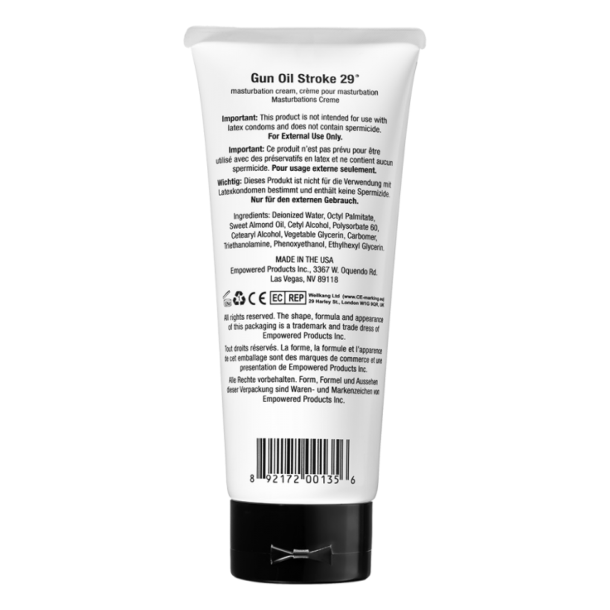 Back view of the 200 ml tube showing ingredients, use warnings, and barcode.