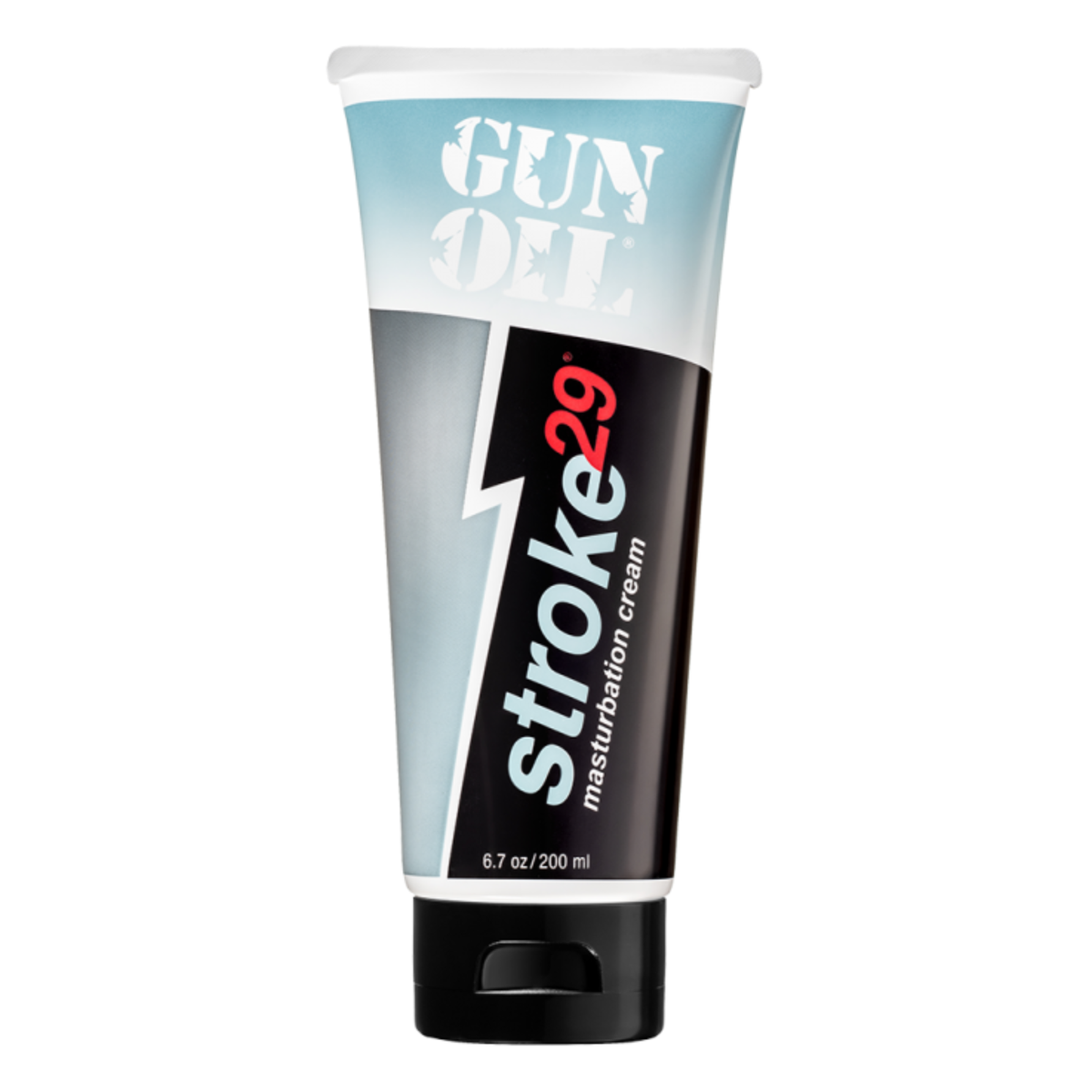 Front view of the large 6.7 oz / 200 ml tube of GUN OIL Stroke 29 masturbation cream.