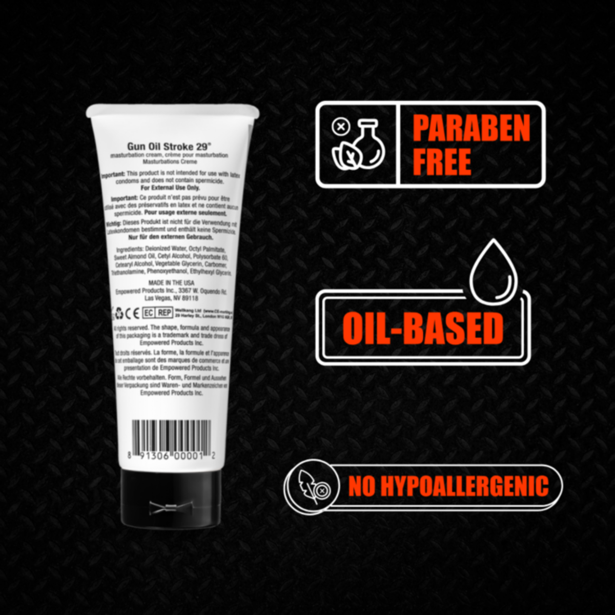 Back of a tube showing ingredients and use warnings, next to icons for Paraben Free, Oil-Based, and No Hypoallergenic.