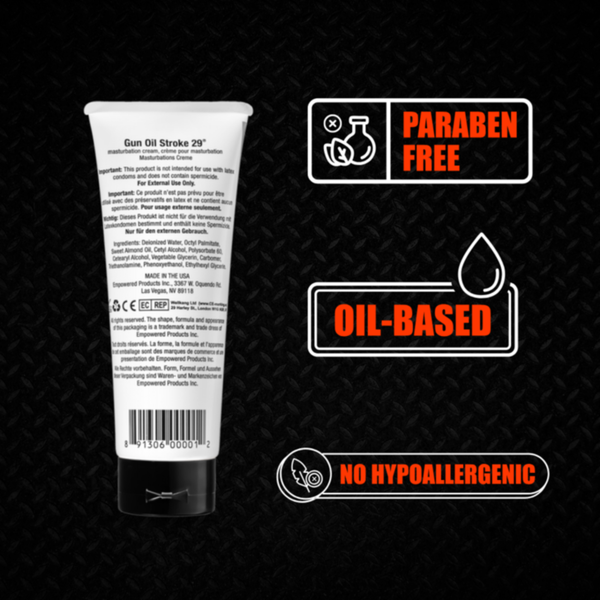 Back of a tube showing ingredients and use warnings, next to icons for Paraben Free, Oil-Based, and No Hypoallergenic.