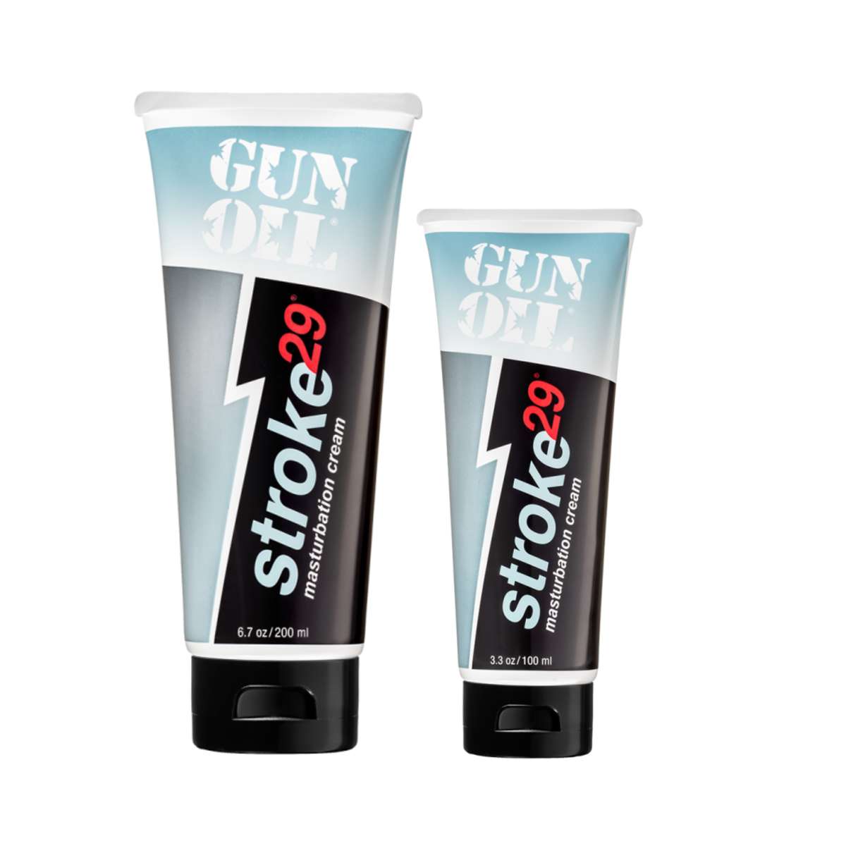 Side-by-side view of the large (200 ml) and small (100 ml) tubes of GUN OIL Stroke 29 masturbation cream.