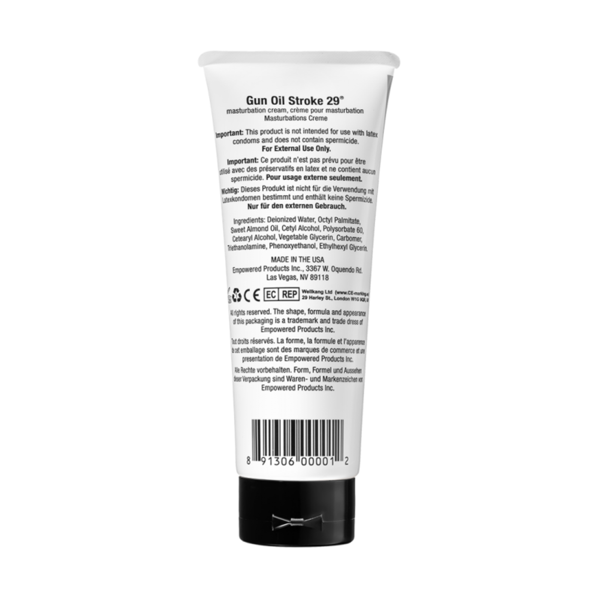 Back view of the 100 ml tube showing ingredients, use warnings, barcode, and "MADE IN THE USA."