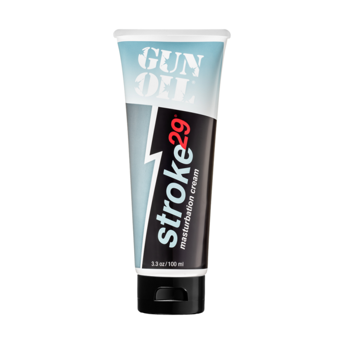 Front view of the small 3.3 oz / 100 ml tube of GUN OIL Stroke 29 masturbation cream.