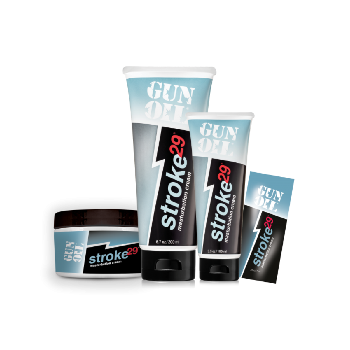 A collection of GUN OIL Stroke 29 masturbation cream products.