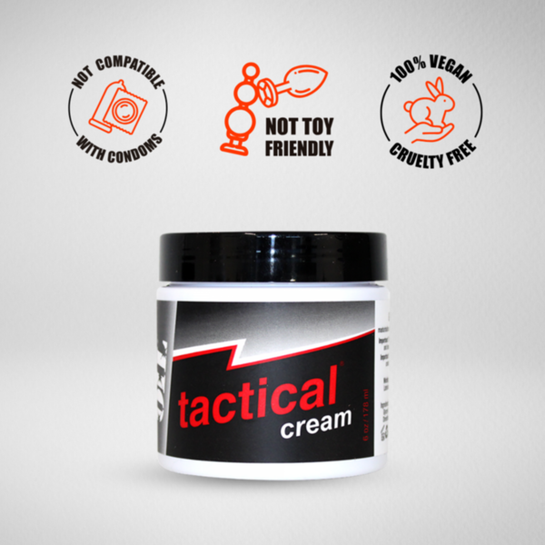 A white jar of "Gun Oil Tactical Cream" with a black lid. Icons indicate "Not compatible with condoms," "Not toy friendly," and "100% Vegan Cruelty-Free.