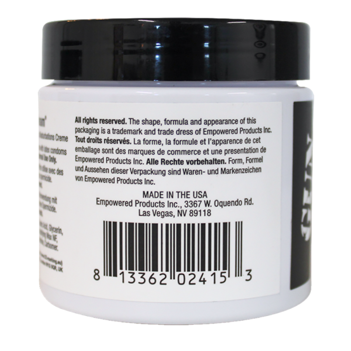 The back of a white jar of "Gun Oil Tactical Cream" showing copyright information, "Made in the USA," and a barcode.