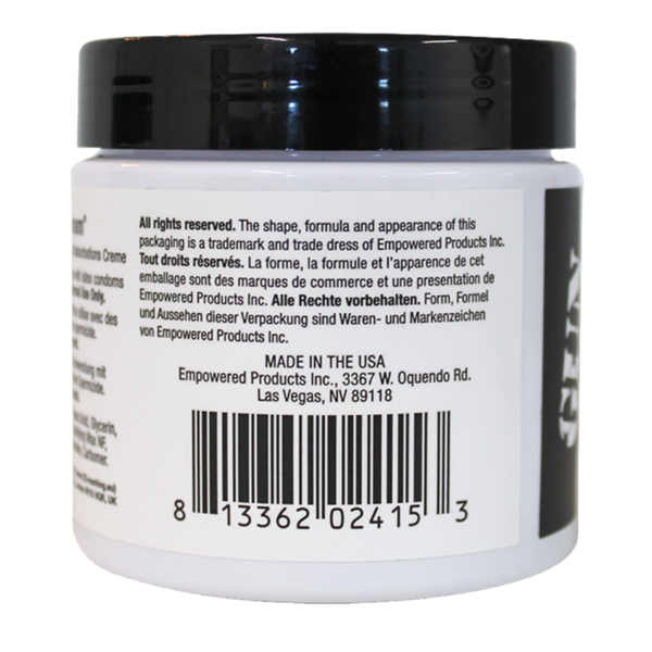 The back of a white jar of "Gun Oil Tactical Cream" showing copyright information, "Made in the USA," and a barcode.