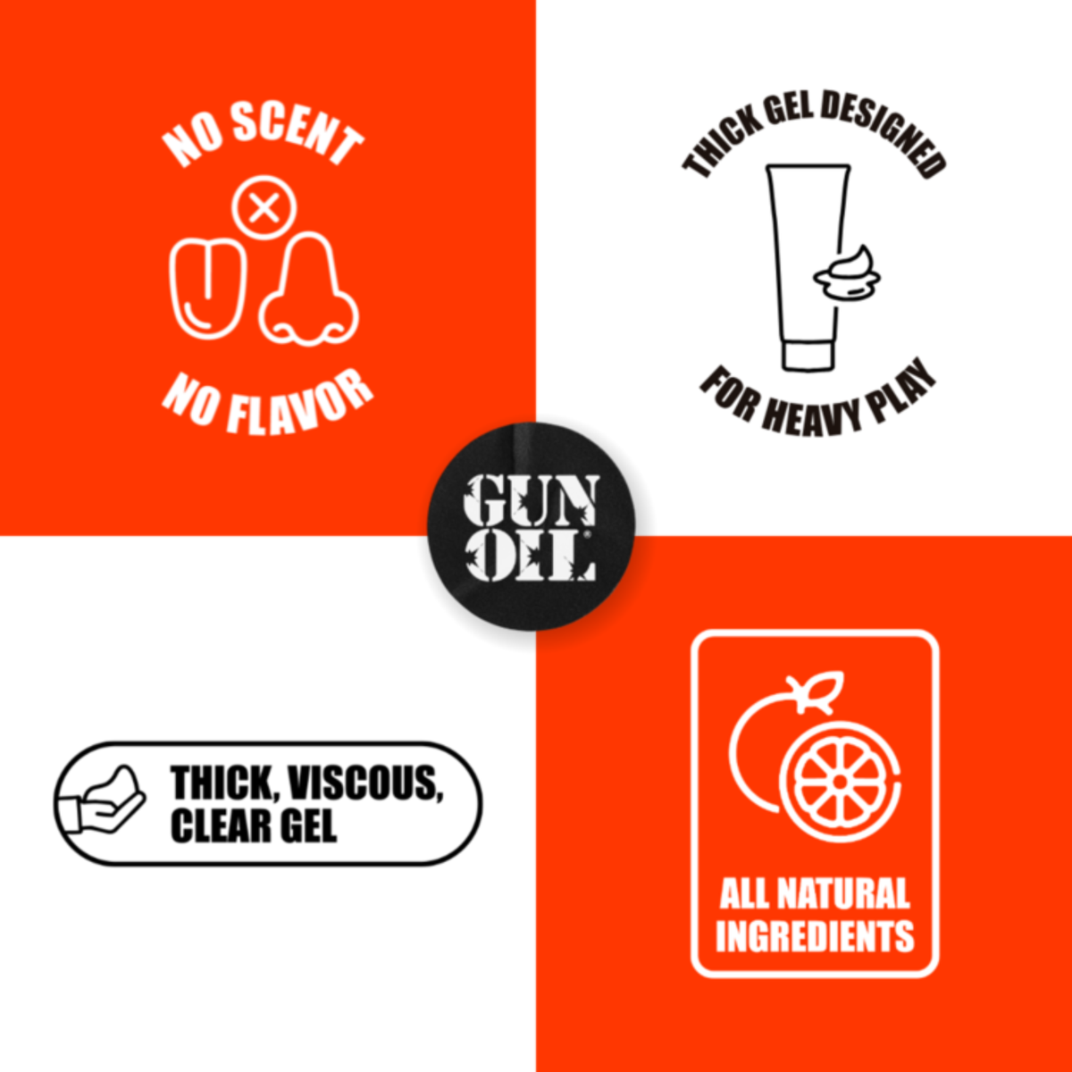 Icons for 'Gun Oil Toy' lubricant indicating no scent/flavor, thick gel for heavy play, thick/viscous/clear gel, and all-natural ingredients.