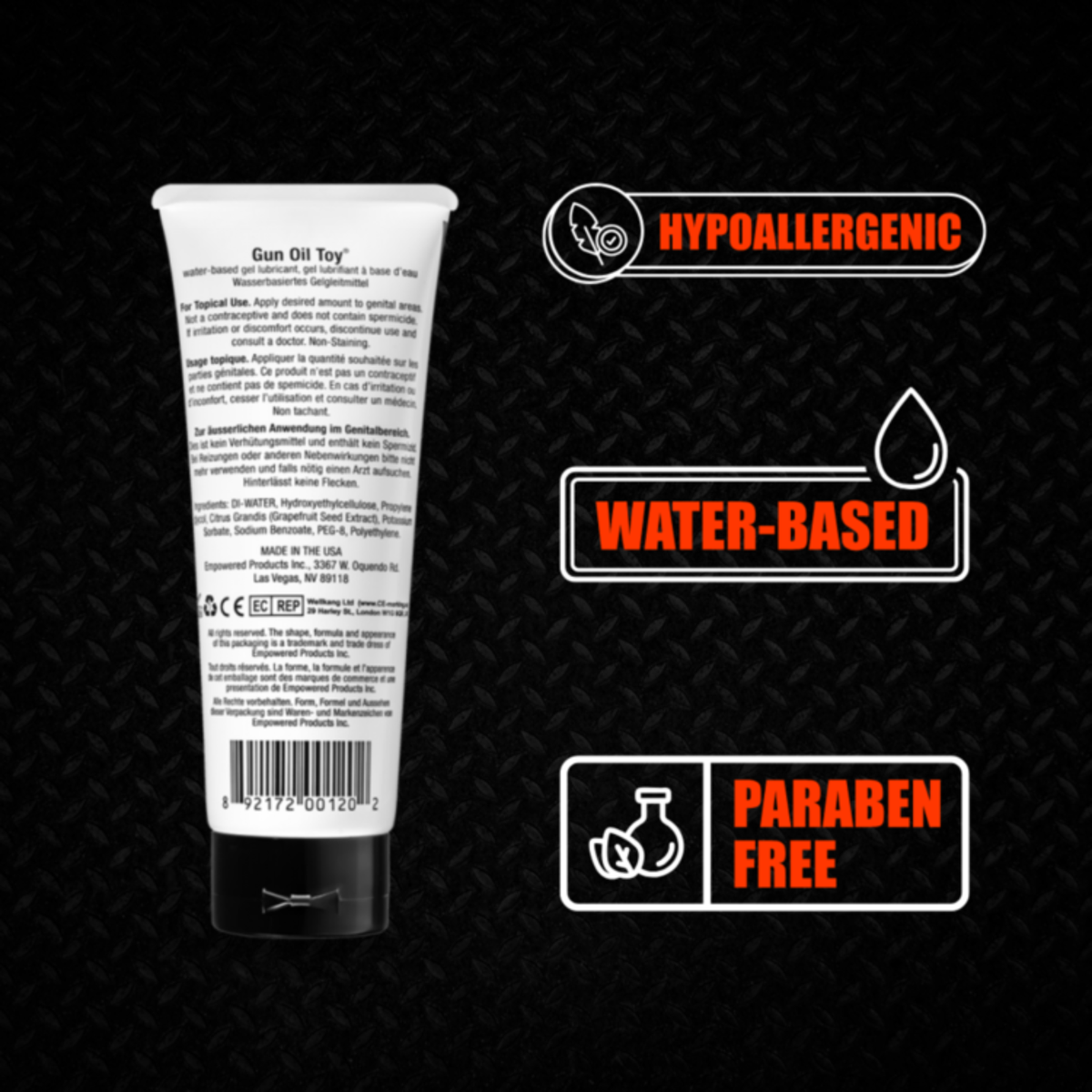 Back of the 'Gun Oil Toy' tube with text and icons highlighting it is Hypoallergenic, Water-Based, and Paraben-Free.