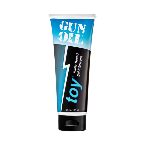 Front product image of a blue and black tube of 'Gun Oil Toy' water-based gel lubricant.