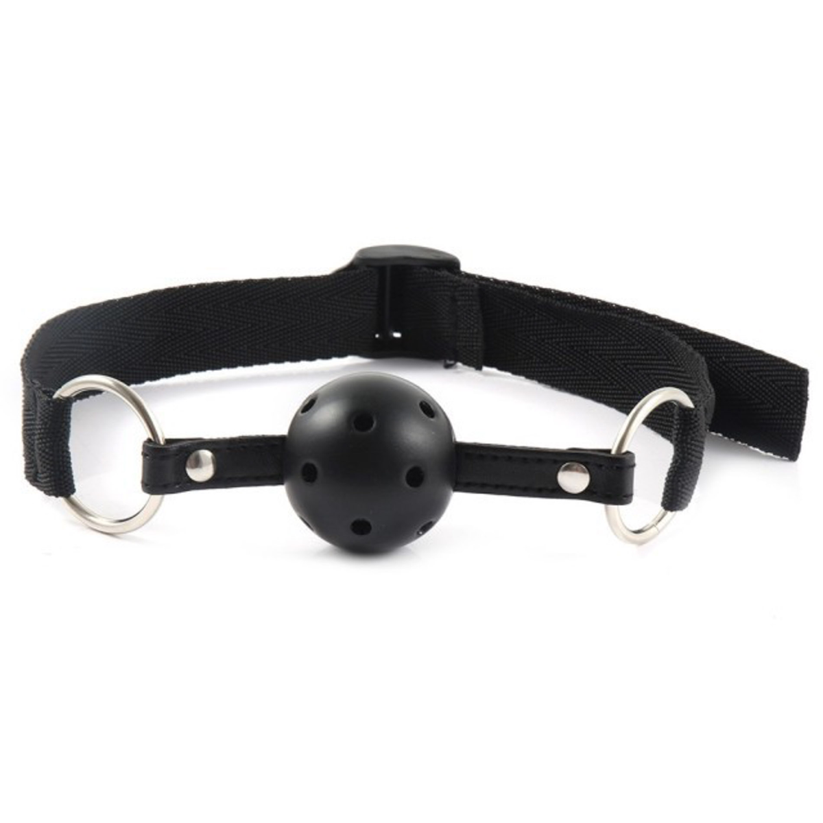 Black perforated ball gag with adjustable strap.