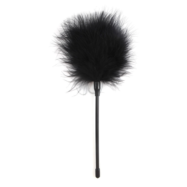 Black fluffy feather tickler/teaser on a stick.