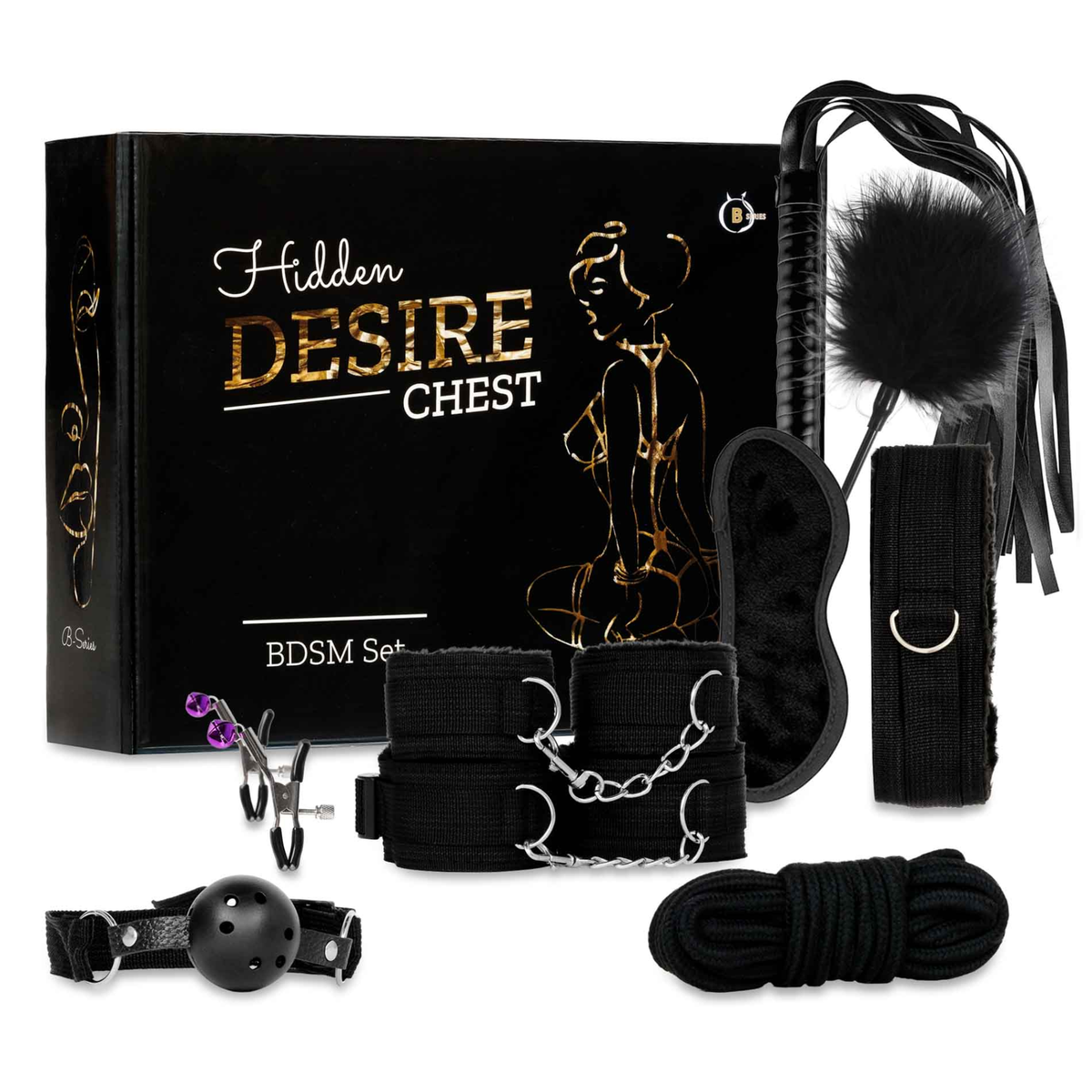 Hidden Desire Chest BDSM Set set in black box with line art, showing all accessories in the white background. Main image
