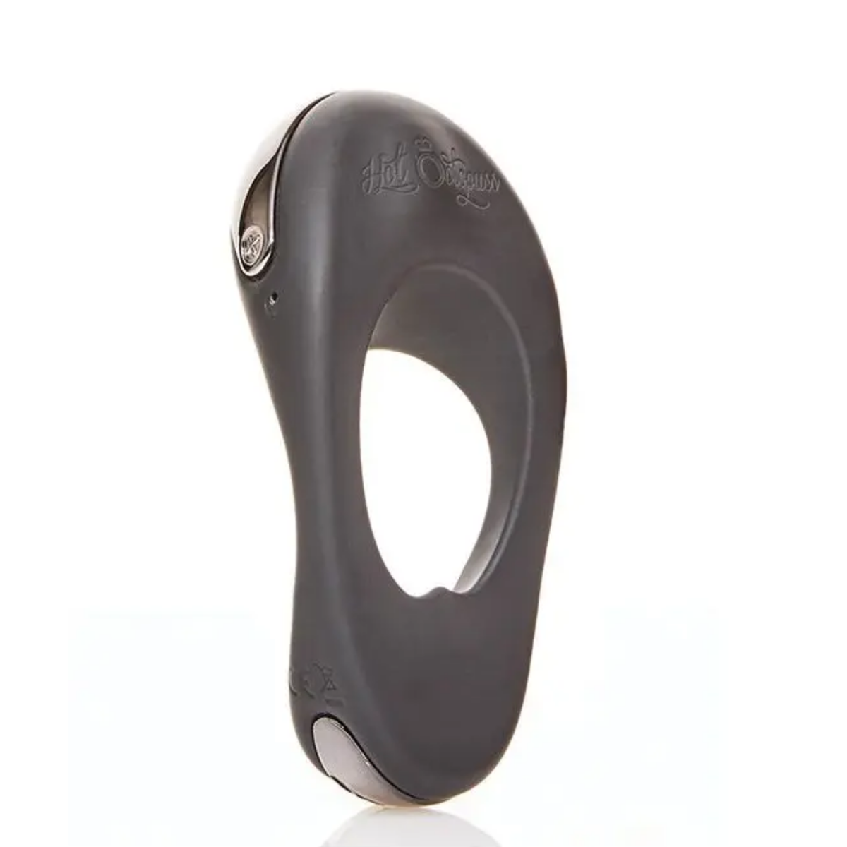 Three-quarter angle studio view of the black Hot Octopuss Atom Plus vibrating c-ring detailing its curved profile and metallic controls.