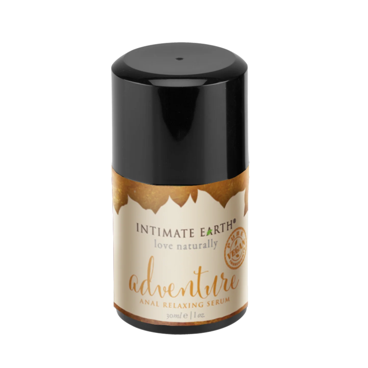Isolated product view of the compact 30 ml (1 fl oz) Intimate Earth Adventure anal relaxing serum pump bottle featuring a large black overcap and gold-accented label with pure vegan seal. Imagen principal del producto