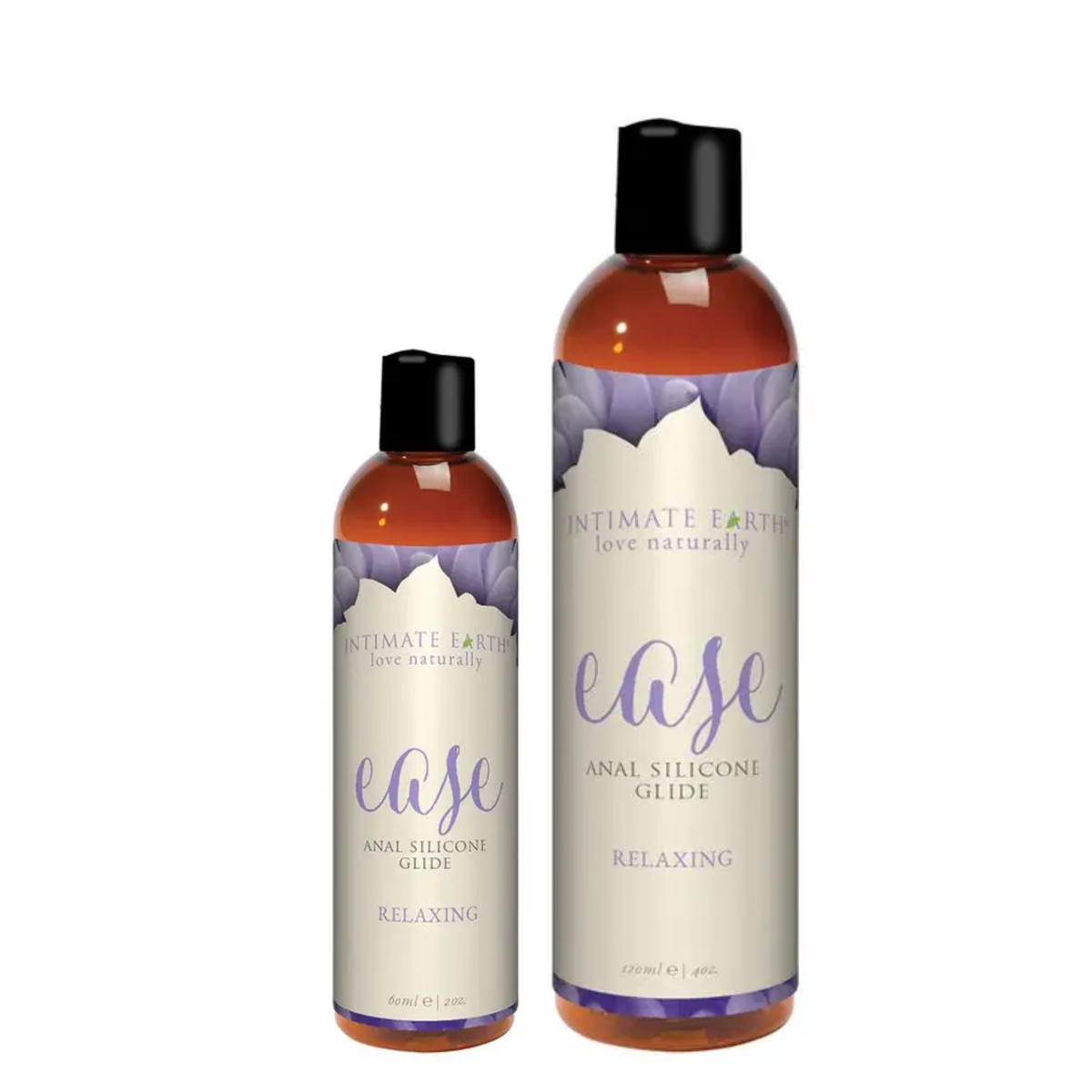 Size comparison view showing two amber bottles of Intimate Earth Ease relaxing anal silicone glide standing side by side in 60 ml (2 fl oz) and 120 ml (4 fl oz) capacities.