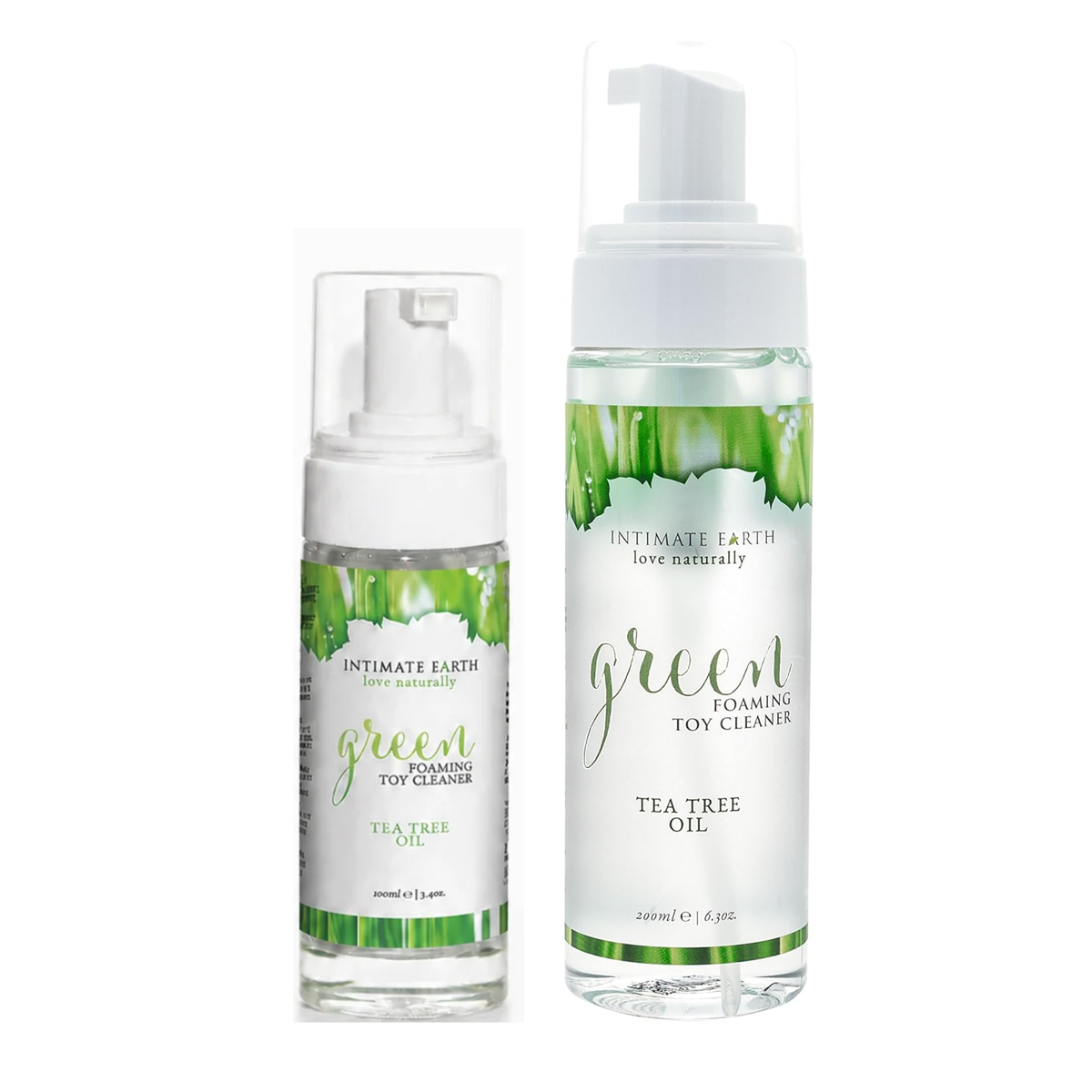Comparison studio shot showing both the 100 ml (3.4 fl oz) and 200 ml (6.3 fl oz) bottles of Intimate Earth Green tea tree oil foaming toy cleaner standing side by side.