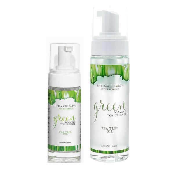 Comparison studio shot showing both the 100 ml (3.4 fl oz) and 200 ml (6.3 fl oz) bottles of Intimate Earth Green tea tree oil foaming toy cleaner standing side by side.