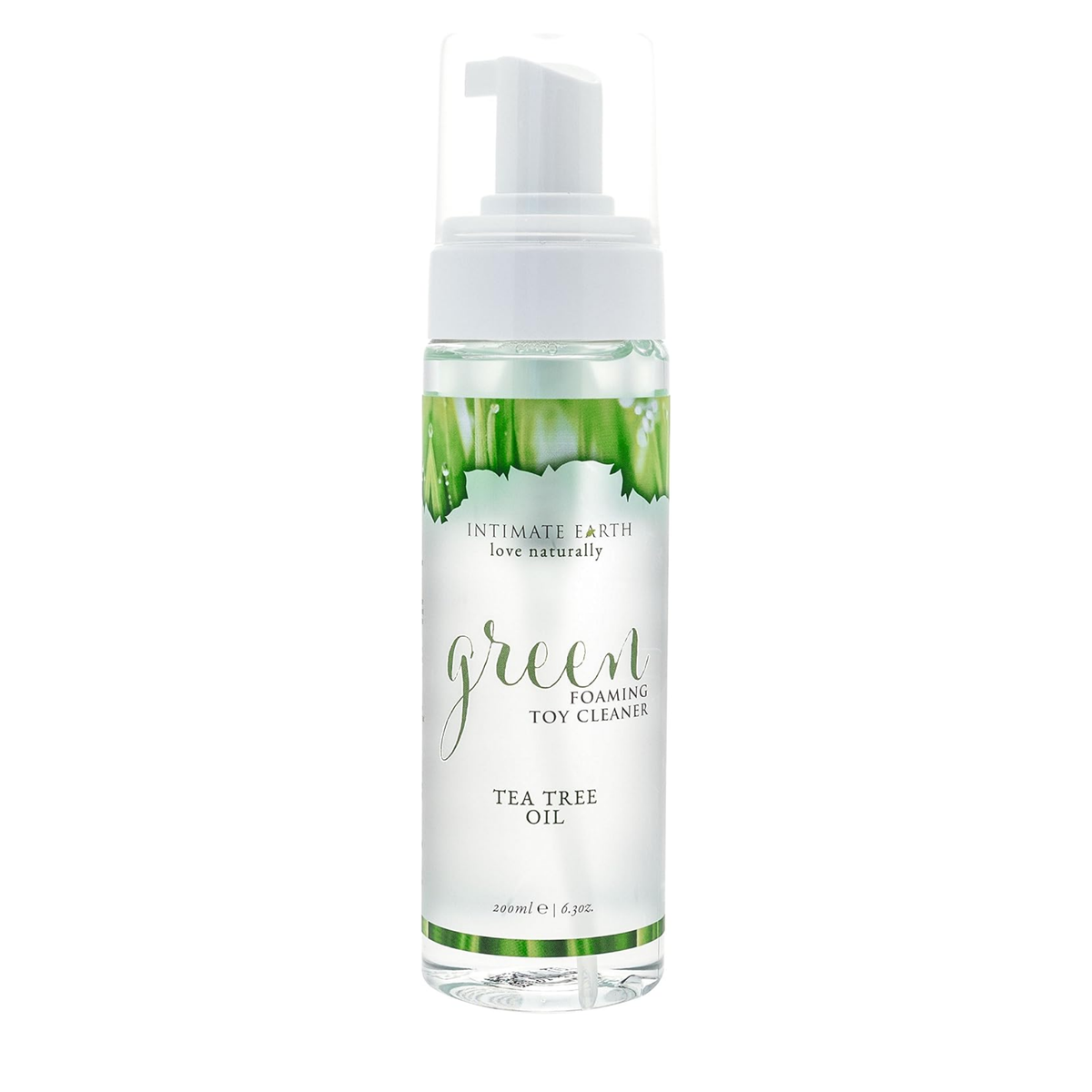 Upright product shot of the larger 200 ml (6.3 fl oz) clear bottle of Intimate Earth Green tea tree oil foaming toy cleaner.
