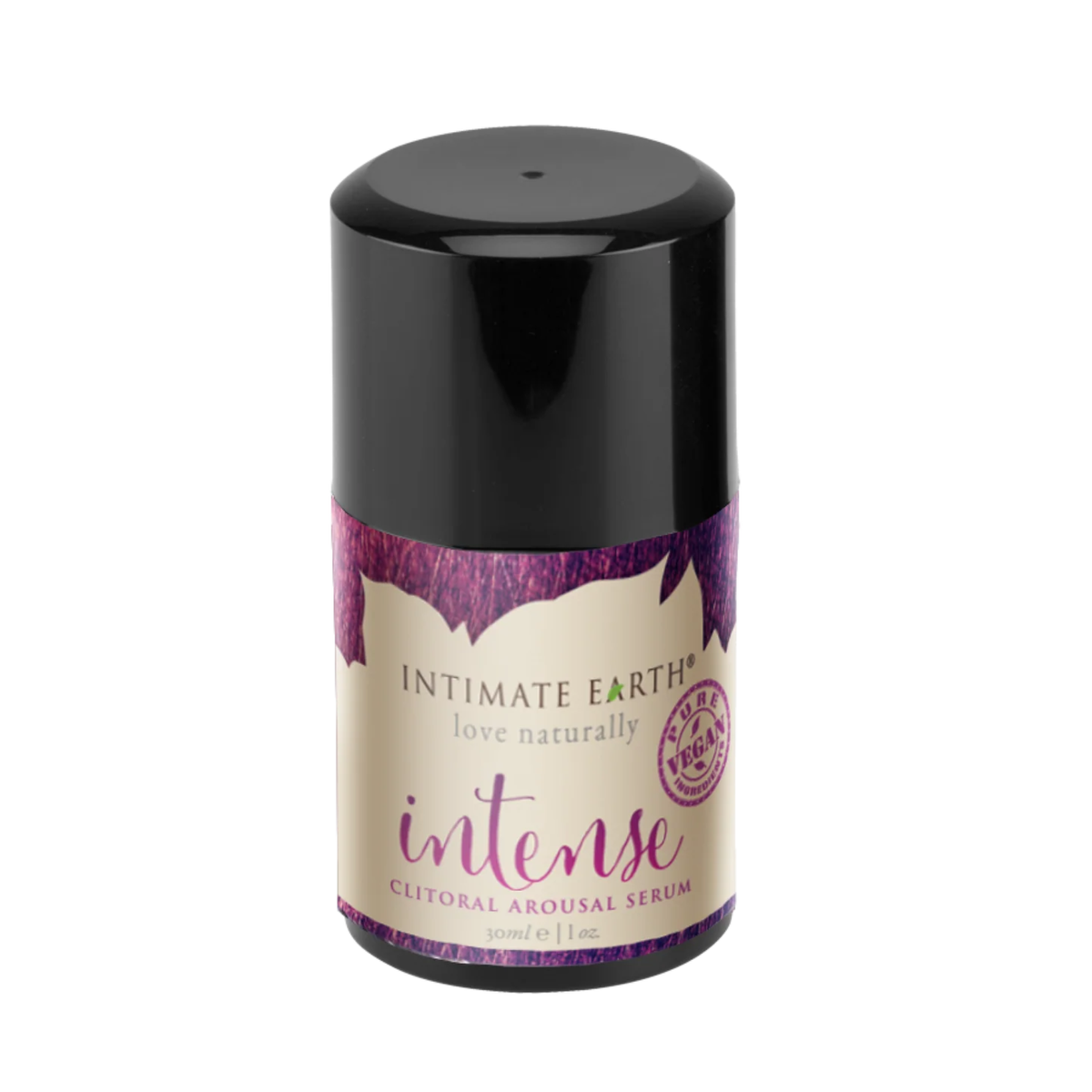 Isolated product view of the compact 30 ml (1 fl oz) Intimate Earth Intense clitoral arousal serum pump bottle, featuring a black overcap, purple-accented label, and pure vegan seal. Main image