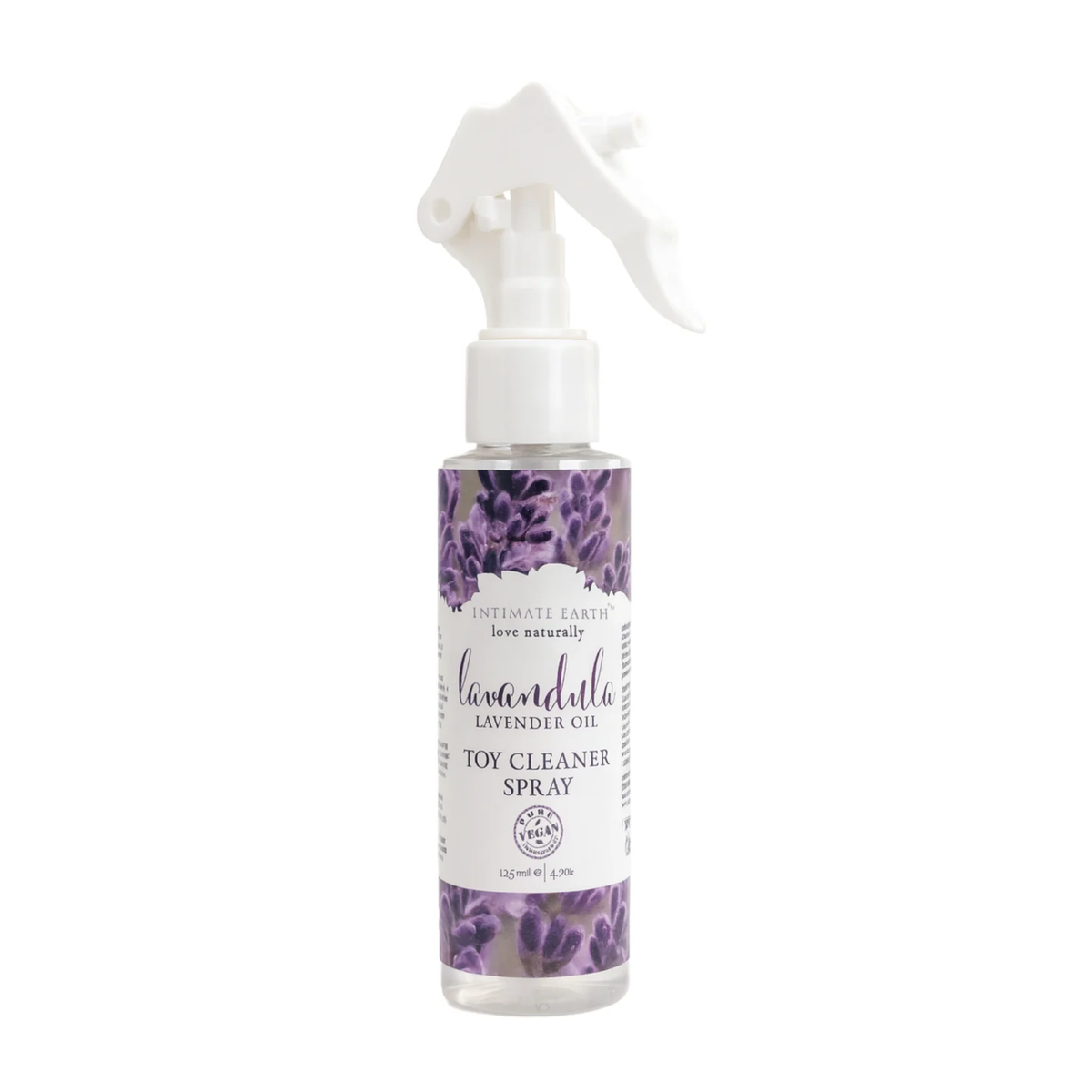 Isolated front product shot of the 4.2 fl oz (125 ml) clear bottle of Intimate Earth Lavandula toy cleaner spray with a white trigger nozzle and lavender-patterned label.