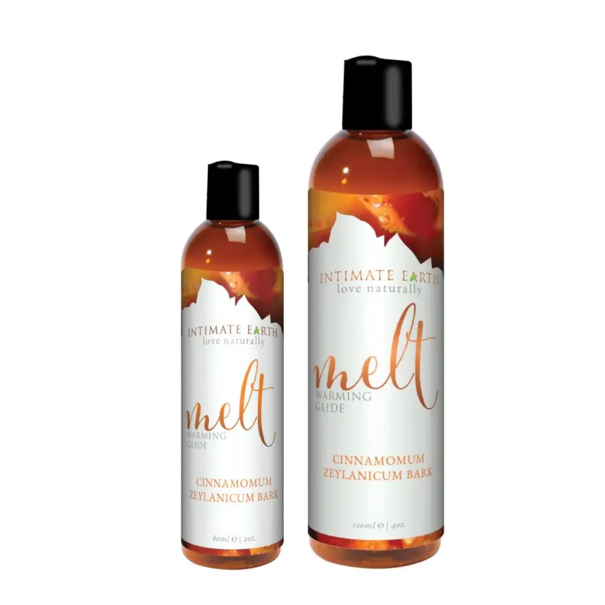 Size comparison view showing two amber bottles of Intimate Earth Melt warming glide standing side by side in 60 ml (2 fl oz) and 120 ml (4 fl oz) capSize comparison view showing two amber bottles of Intimate Earth Melt warming glide standing side by side in 60 ml (2 fl oz) and 120 ml (4 fl oz) capacities.acities. Main image