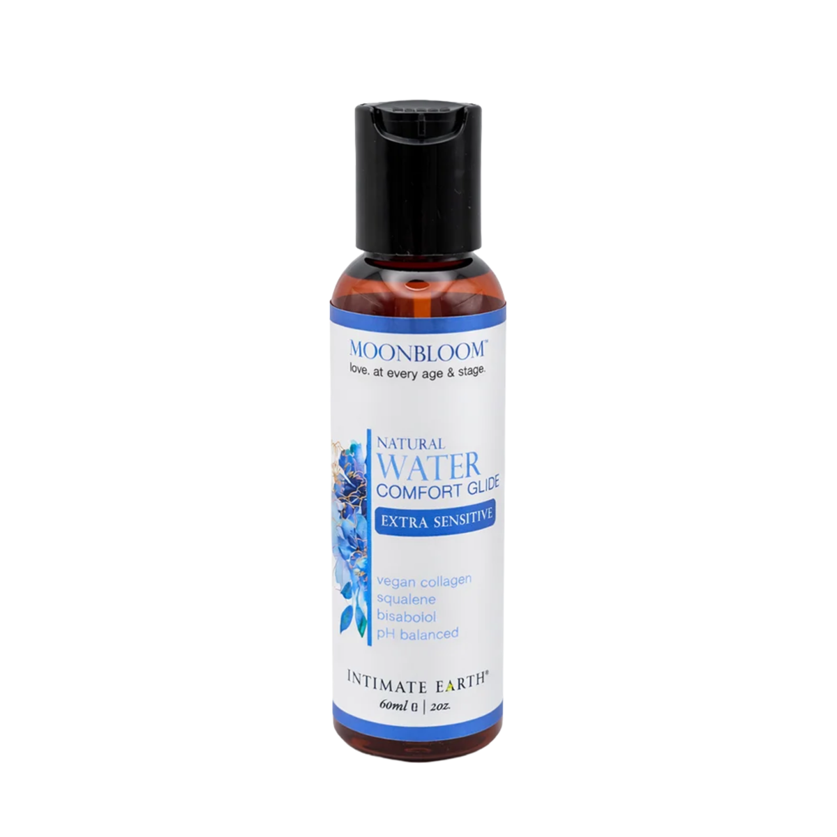 Front studio product view of the travel-sized 60 ml (2 fl oz) amber bottle of Intimate Earth Moon Bloom extra sensitive natural water comfort glide.