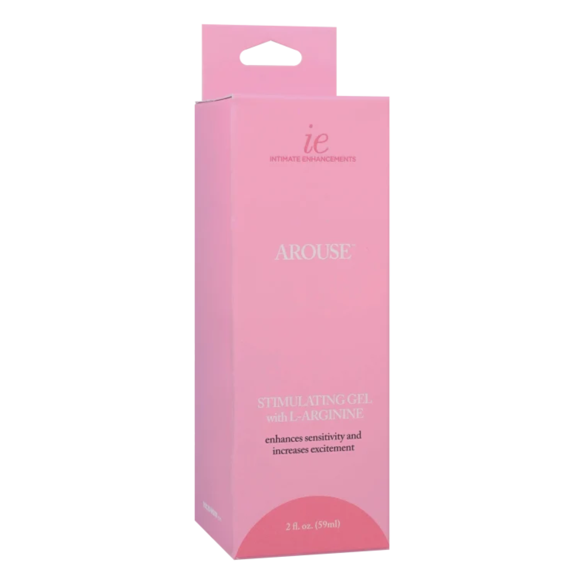 Perspective view of the light pink hanging retail box for Intimate Enhancements Arouse Stimulating Gel with L-Arginine, displaying key benefit claims ("enhances sensitivity and increases excitement") and 2 fl oz (59ml) volume branding. Main image