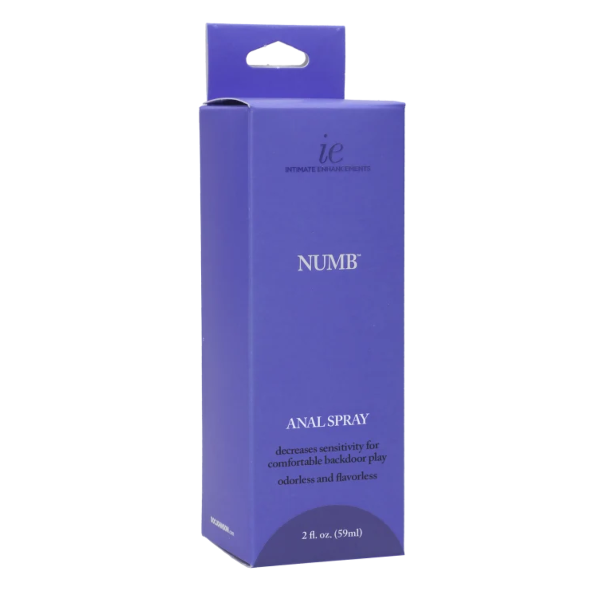 Perspective view of the purple hanging retail box for Intimate Enhancements Numb Anal Spray, displaying front product branding and volume specification. Main image