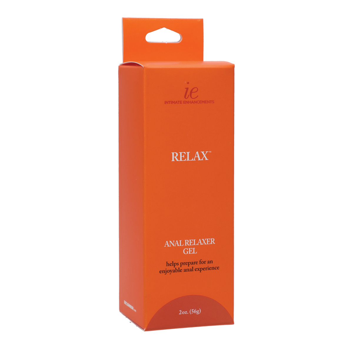Studio view of the orange hanging retail box for Intimate Enhancements Relax Anal Relaxer Gel, featuring 2 oz (56g) volume branding and core product claims. Main image