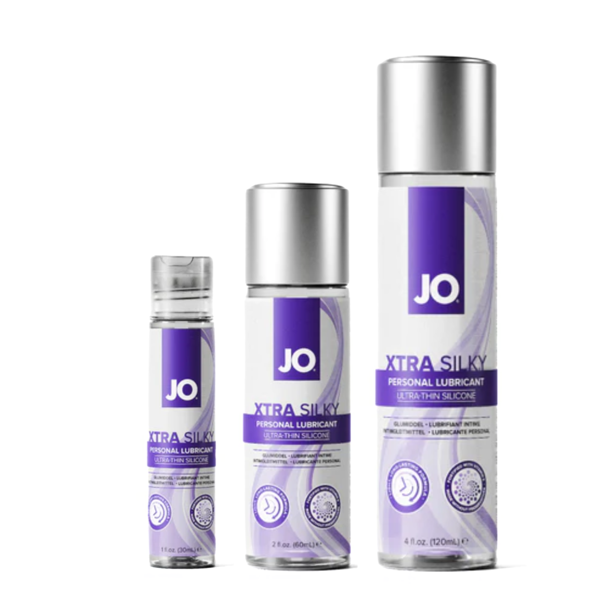 Three different sizes of JO Xtra Silky Personal Lubricant bottles are displayed side-by-side against a white background, increasing in height from left to right. The clear bottles feature purple and white labeling with silver caps.