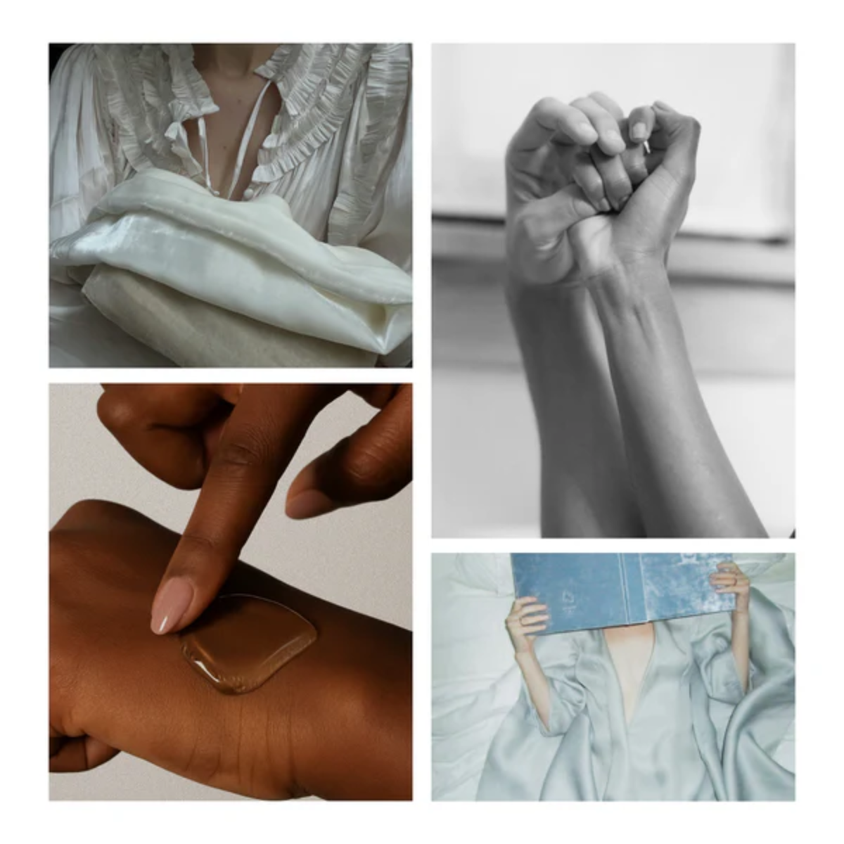 A four-panel aesthetic photo collage representing touch and comfort. It displays a swipe of clear gel on dark skin, clasped hands in black and white, smooth satin sheets, and a person resting in bed.