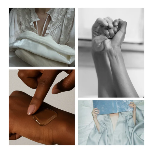 A four-panel aesthetic photo collage representing touch and comfort. It displays a swipe of clear gel on dark skin, clasped hands in black and white, smooth satin sheets, and a person resting in bed.