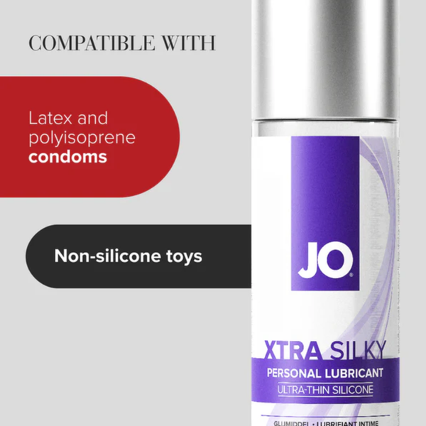 A close-up of a JO Xtra Silky bottle next to red and black compatibility banners. The text states that the product is compatible with latex and polyisoprene condoms, as well as non-silicone toys.