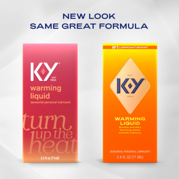 An image of K-Y Warming Liquid old and new packaging on the grey background. The text above says "New Look, Same Great Formula".