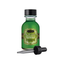 A small, clear glass bottle filled with a liquid, labeled "Kama Sutra Oil of Love Kissable Body Oil." The bottle features a gold and green decorative label with a black screw-top lid. A separate black glass dropper sits in the foreground, leaning against the base of the bottle.
