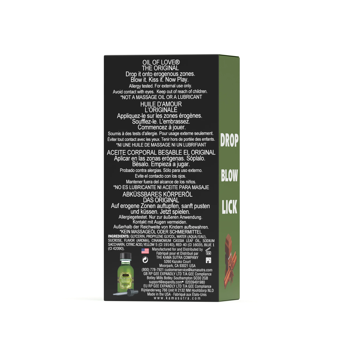 The back of the product packaging, showing instructions in multiple languages (English, French, Spanish, and German). The text directs users to "Drop it onto erogenous zones. Blow it. Kiss it. Now Play." A list of ingredients is provided at the bottom, including glycerin, propylene glycol, and cinnamon cassia leaf oil, along with the manufacturer's contact information in California.
