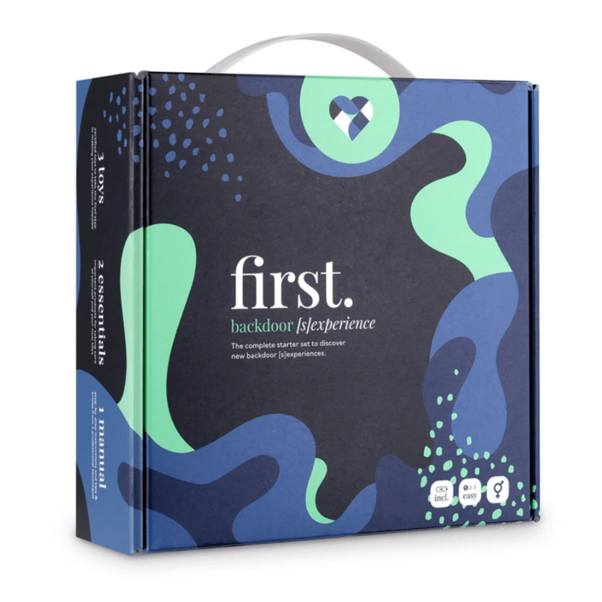 Front view of the dark blue and green box for the LoveBoxxx First Backdoor Starter Set. Main image